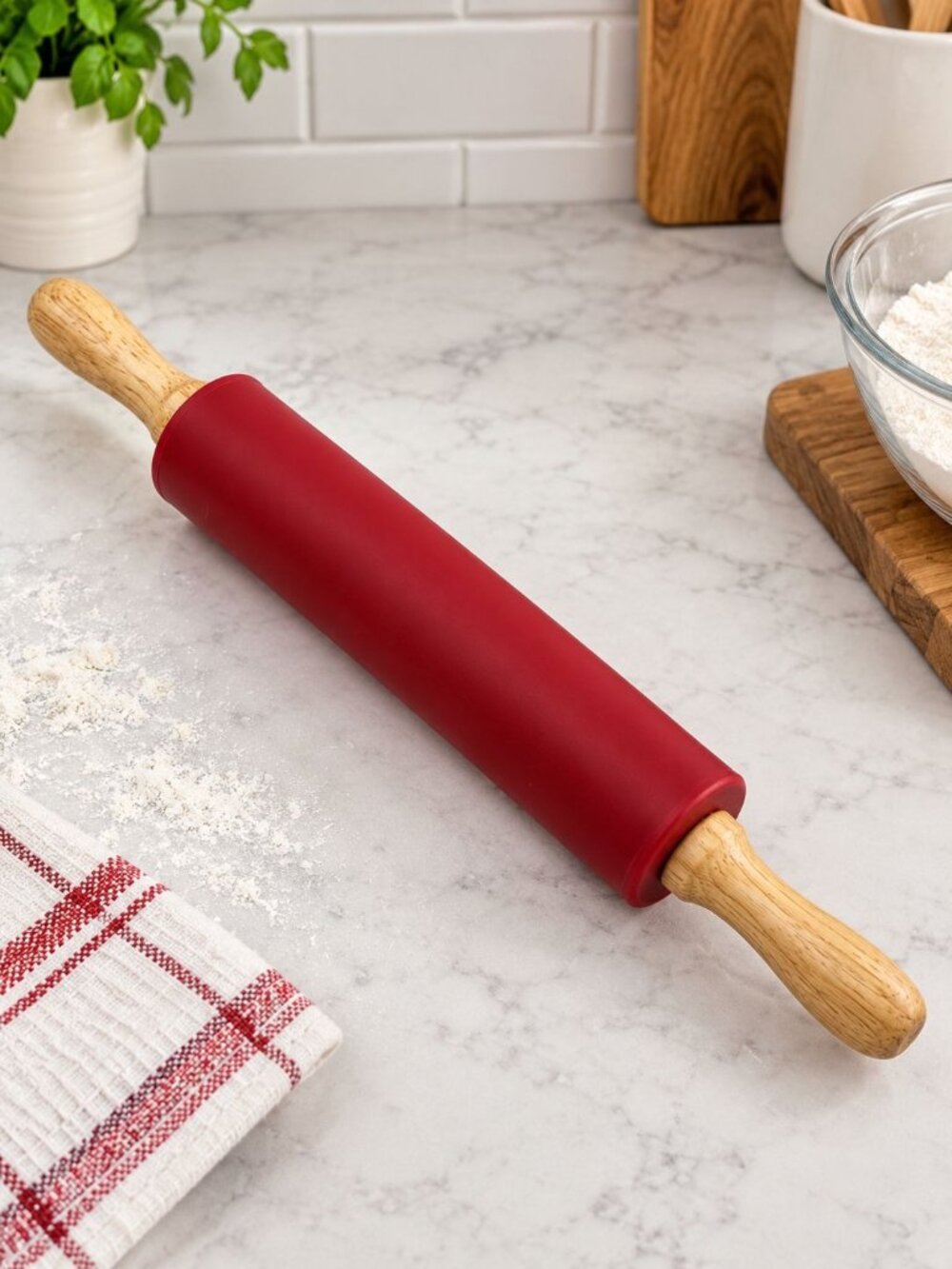 Chefs Atelier 12" Wooden Rolling Pin Red Silicone Coating